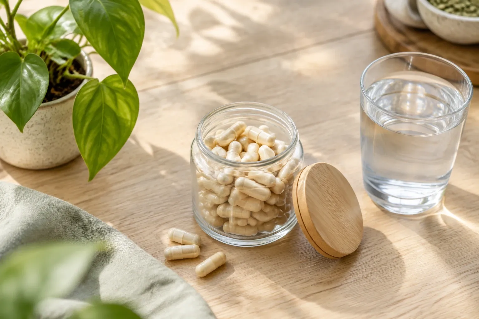Glazen pot met witte supplementcapsules naast glas water op houten tafel