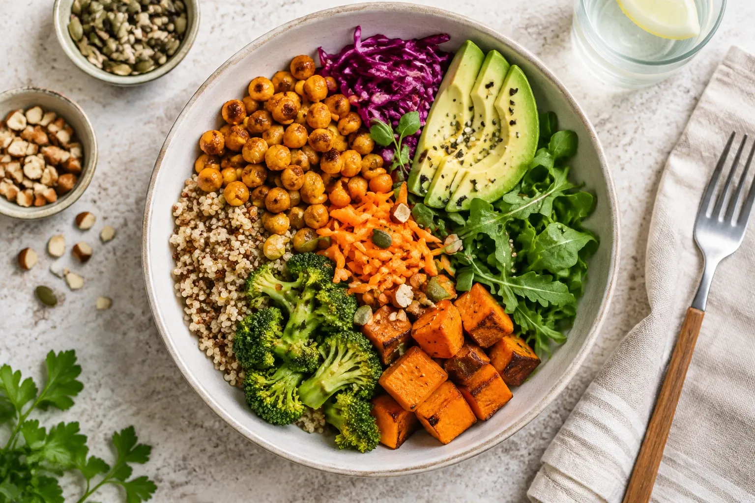 Buddhabowl met quinoa, geroosterde kikkererwten, broccoli, avocado en zoete aardappel