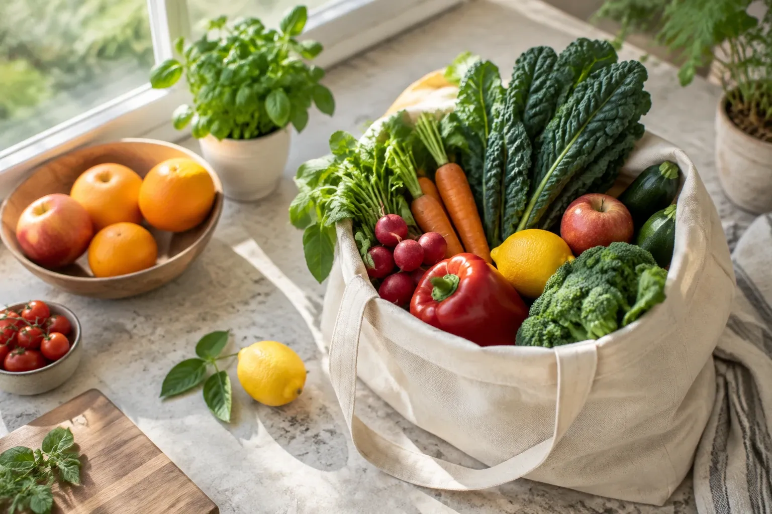 Herbruikbare tas met boerenkool, wortels, paprika, broccoli, radijs en appels op aanrecht